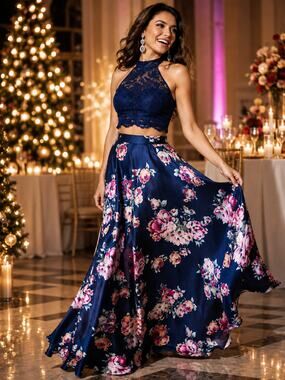 City Studio NWT Floral Maxi Skirt Navy Pink Formal Prom A-Line Flowy Juniors 1